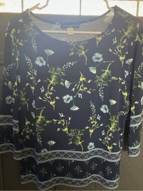 Notations Navy Floral Border-Trim Long Sleeve Top